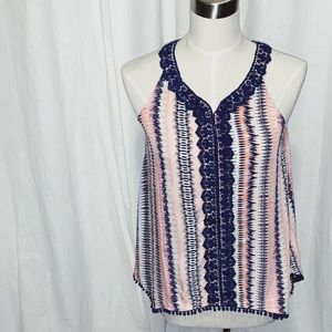 Ella Moss multi color top with navy blue crochet.